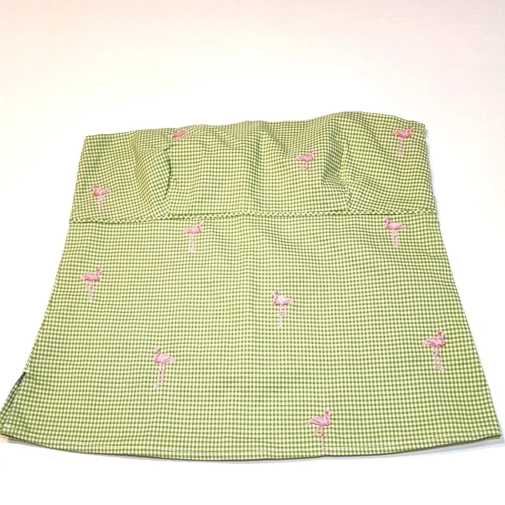 J Crew size 4 bandeau top green gingham pink flamingo embroidery